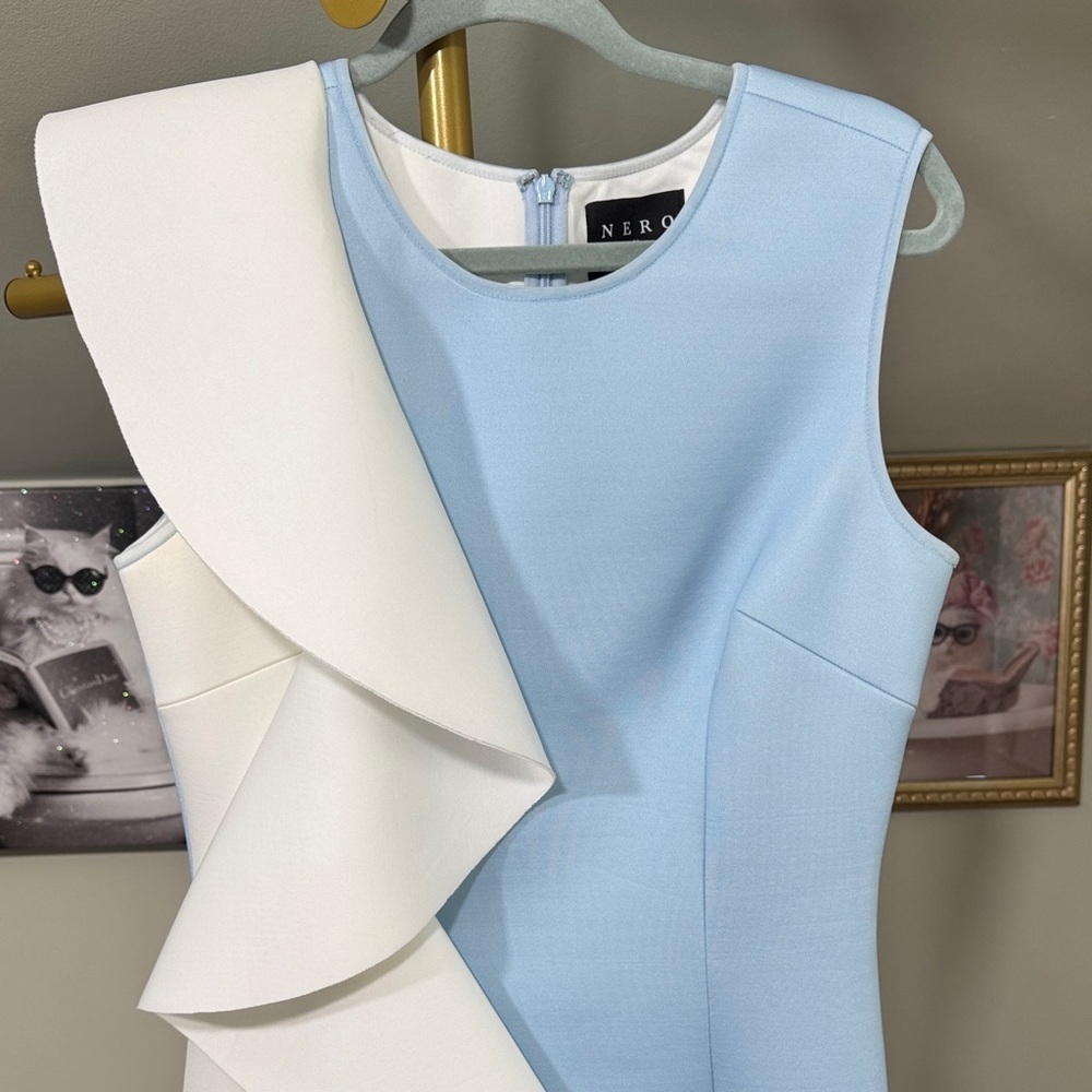 NWOT Scuba Sleeveless Nero Jatin Varma Light Blue White Ruffle Midi Dress - Picture 3 of 10